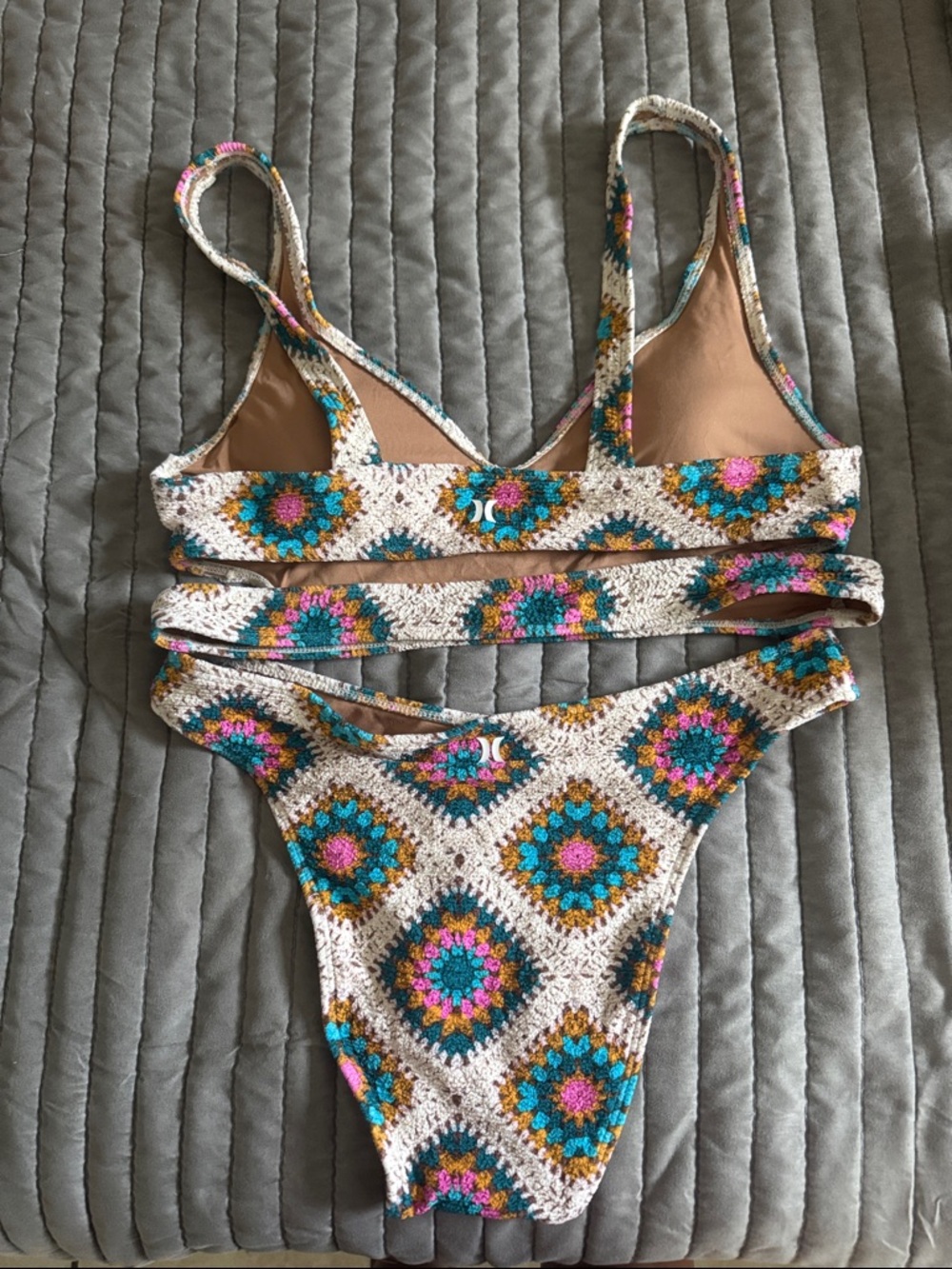 Hurley Crochet-Style Bikini in Cream, Teal, Pink, Mustard - Picture 2 of 2